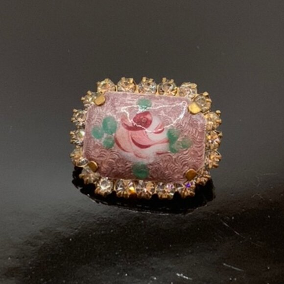 Estate Vintage Hand Painted Rose Guilloche Enamel Rhinestones Brooch Pin J707 - Picture 7 of 7